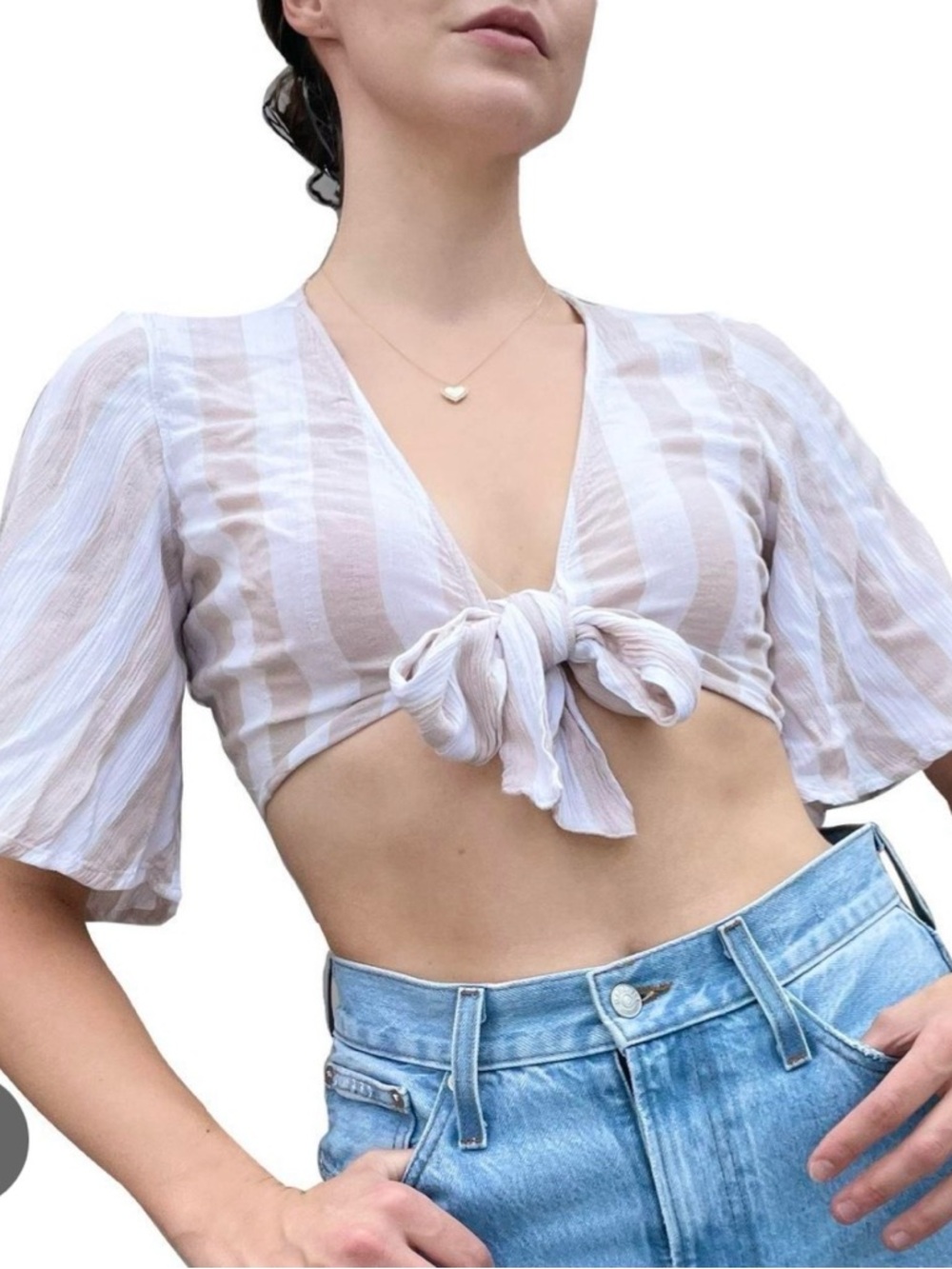 American Eagle Outfitters Striped Tie-Front Crop Top in Taupe and White